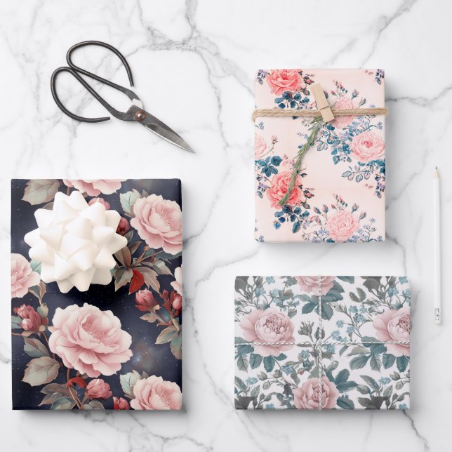 Feuille De Papier Cadeau Motif rose Roses (Recto)