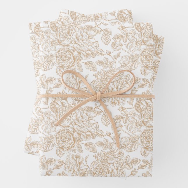 Feuille De Papier Cadeau Motif Rose Vintage beige (En situation)