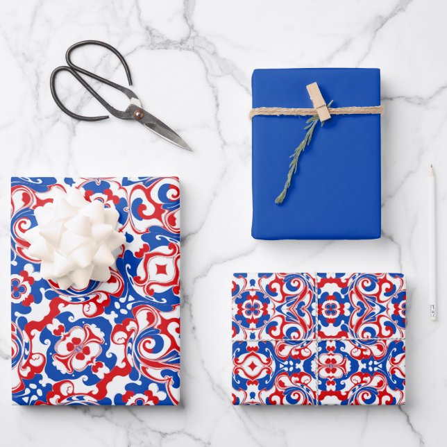 Feuille De Papier Cadeau Motif rouge, blanc et bleu (Recto)