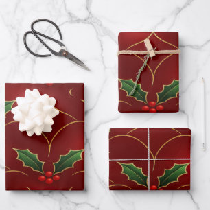Feuille De Papier Cadeau Motif Rouge de Houx – Style de Noël Élégant