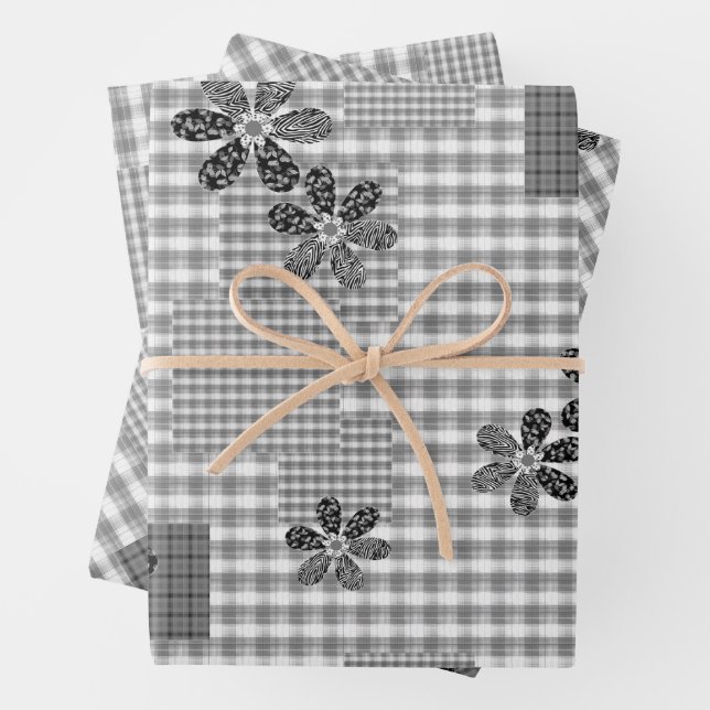 Feuille De Papier Cadeau Motif rustique en patchwork noir et blanc rétro (En situation)