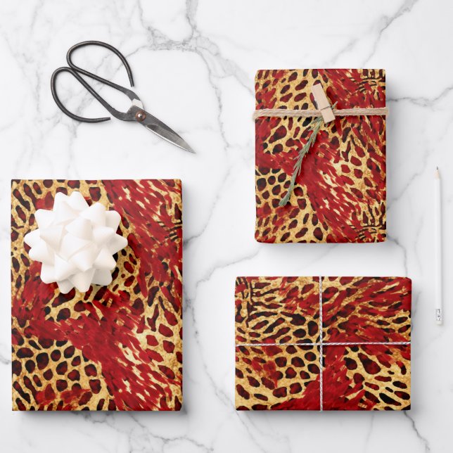 Feuille De Papier Cadeau Motif Safari Animal Fur Prints Rouge et Or (Recto)