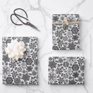 Feuille De Papier Cadeau Motif sans couture d'art floral rétro noir gris bl