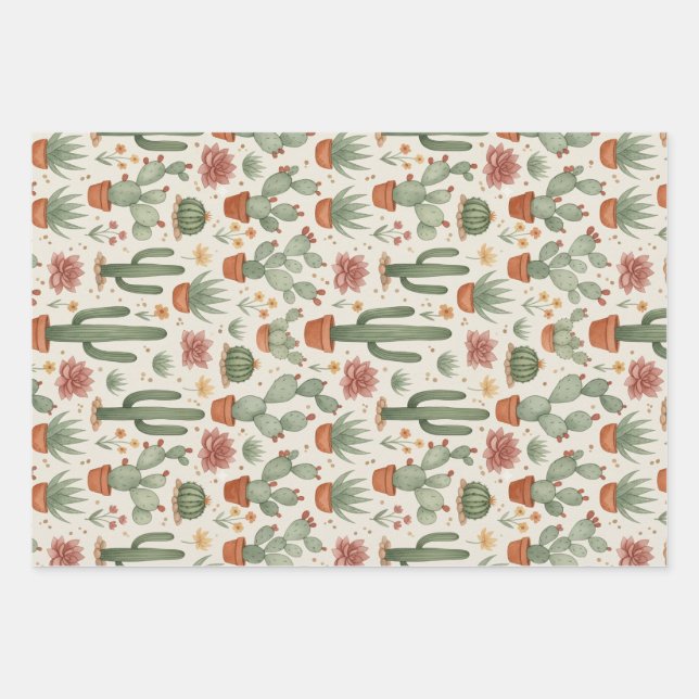 Feuille De Papier Cadeau Motif sans couture de cactus de désert succulent (Devant)