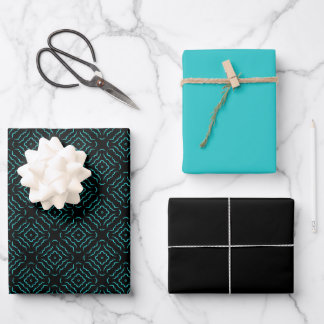 Feuille De Papier Cadeau Motif sans couture en turquoise vif sur fond noir