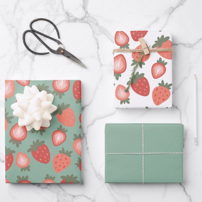 Feuille De Papier Cadeau Motif sans fil de fraise rouge (Recto)