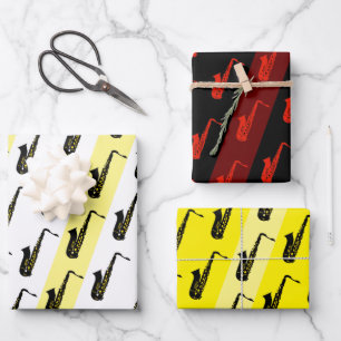 Feuille De Papier Cadeau Motif saxophone moderne Jazz noir blanc rouge Saxo