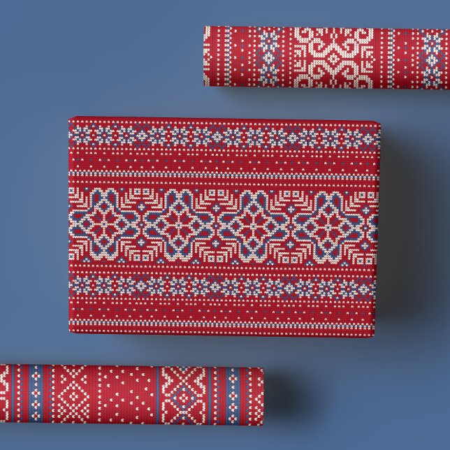 Feuille De Papier Cadeau Motif scandinave de Sweat d'hiver rouge et bleu (Créateur téléchargé)