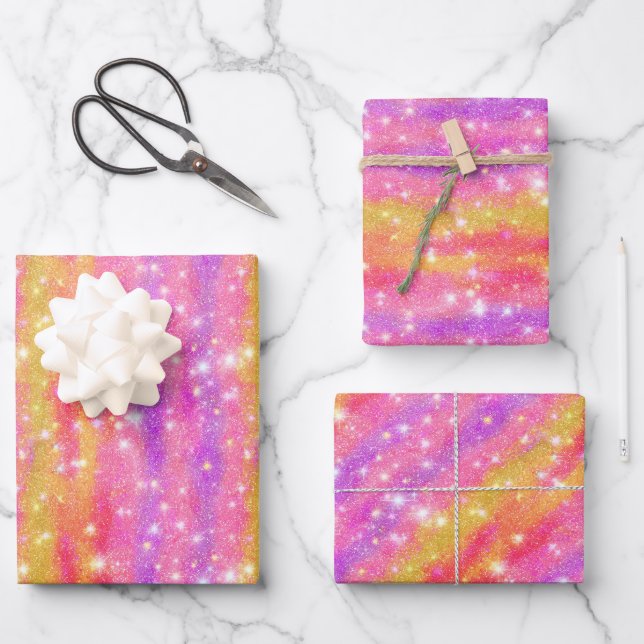 Feuille De Papier Cadeau Motif scintillant rose orange violet (Recto)