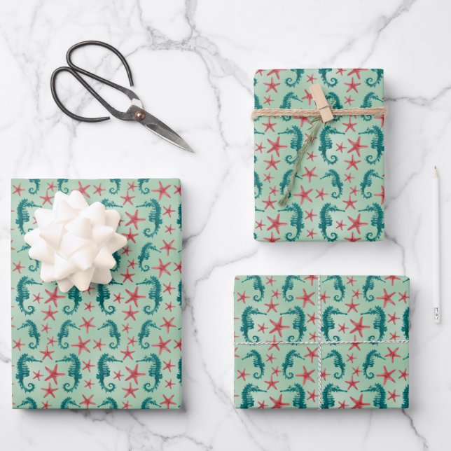 Feuille De Papier Cadeau Motif Seahorse turquoise (Recto)