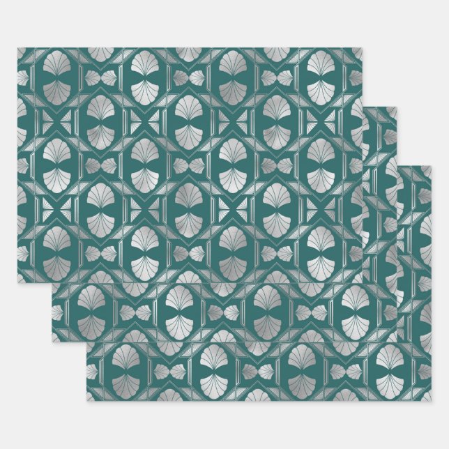 Feuille De Papier Cadeau Motif Shell Art Déco Turquoise et argenté (Lot)