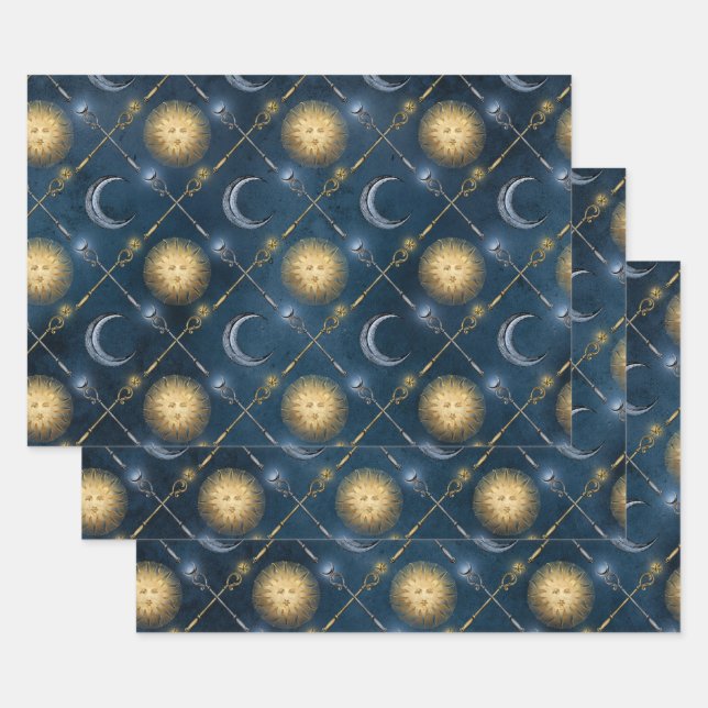 Feuille De Papier Cadeau Motif soleil et lune sur bleu (Lot)