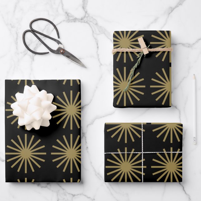 Feuille De Papier Cadeau Motif Starburst Noir et Or (Recto)