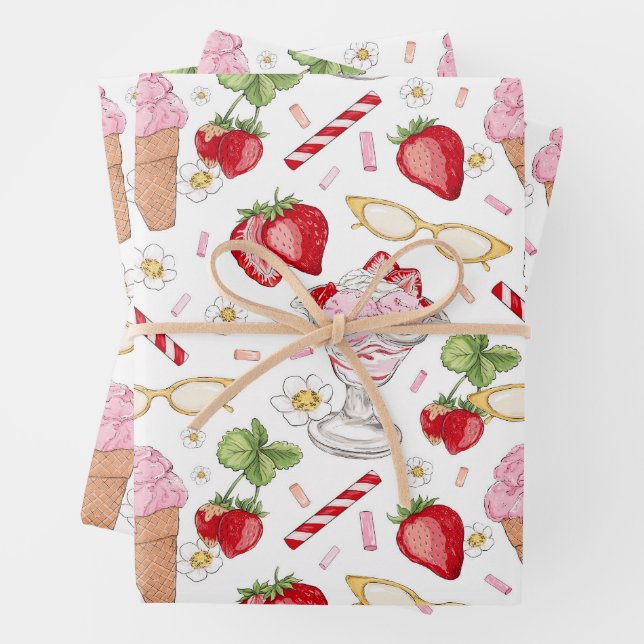 Feuille De Papier Cadeau Motif Sundae fraise (En situation)