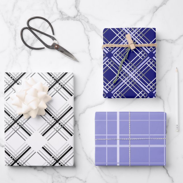 Feuille De Papier Cadeau Motif Tartan Bleu Urbain Avec Géométrie Noire (Recto)