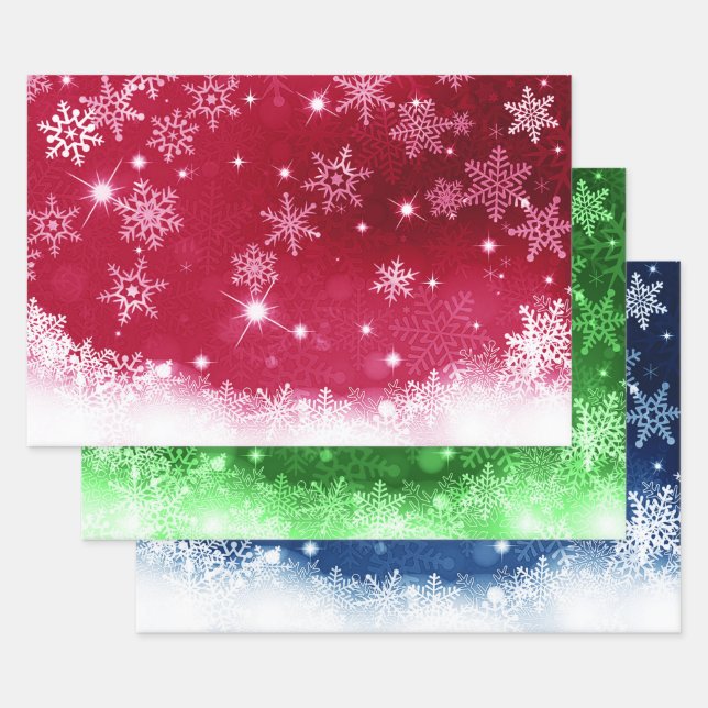 Feuille De Papier Cadeau Motif traditionnel Red Blue & Green Snowflake (Lot)