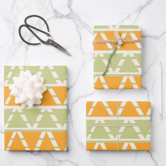 Feuille De Papier Cadeau Motif triangle vert orange (Recto)