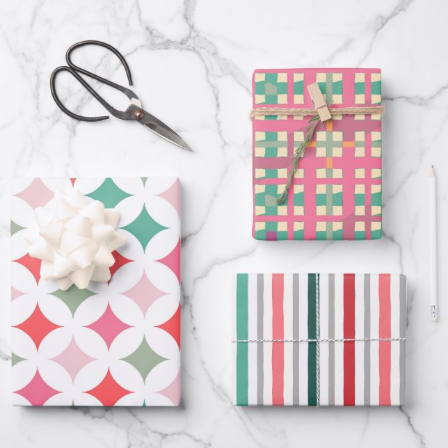 Feuille De Papier Cadeau Motif vert rose du milieu du siècle (Recto)