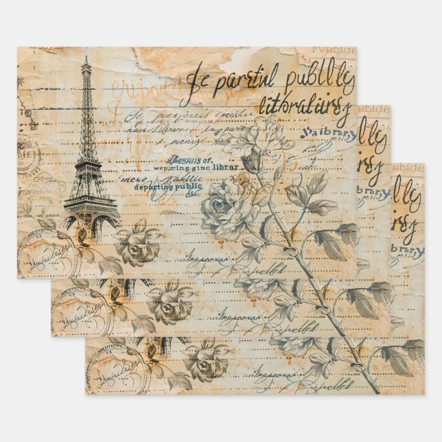 Feuille De Papier Cadeau Motif vintage Paris Collage (Lot)