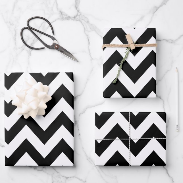 Feuille De Papier Cadeau Motif Zigzag noir et blanc Chevron (Recto)