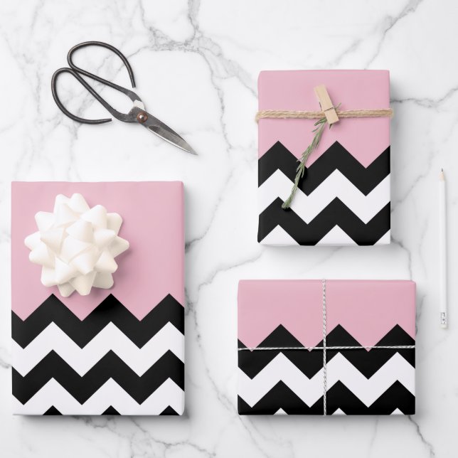 Feuille De Papier Cadeau Motif Zigzag noir et blanc, Chevron, rose (Recto)