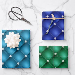 Feuille De Papier Cadeau Motifs bleu et vert diamantés élégants capitonnés