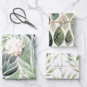Feuille De Papier Cadeau Motifs botaniques aquarelle vert sauge Bohème