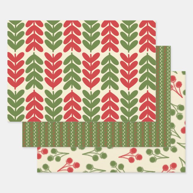 Feuille De Papier Cadeau Motifs botaniques de Noël rétro (Lot)