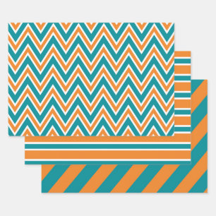 Feuille De Papier Cadeau Motifs chevron et rayures sarcelle, orange et blan