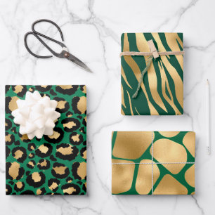 Feuille De Papier Cadeau Motifs d'animaux sauvages de safari verts et dorés