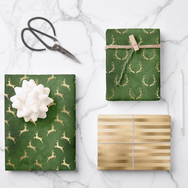 Feuille De Papier Cadeau Motifs de cerfs de Noël vert or (Recto)