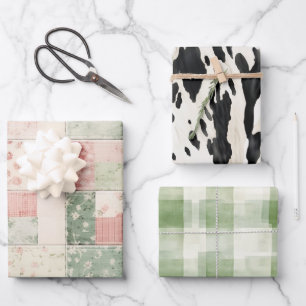 Feuille De Papier Cadeau Motifs de courtepointes floraux rose menthe de fer