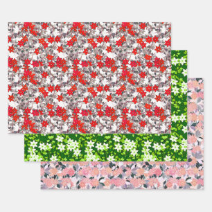 Feuille De Papier Cadeau Motifs de fleurs, rouge, rose et gris, blanc et ve