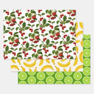 Feuille De Papier Cadeau Motifs de fruits, cerises, bananes et tranches de