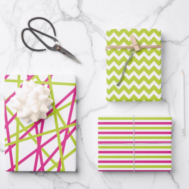 Feuille De Papier Cadeau Motifs de jumelage chic rose et vert (Recto)