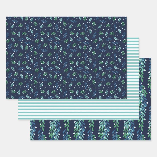 Feuille De Papier Cadeau Motifs de Noël des brindilles bleues et des baies  (Lot)