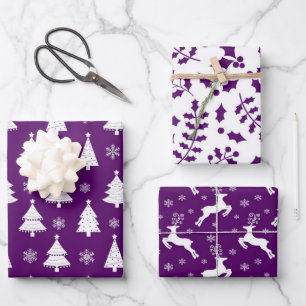 Feuille De Papier Cadeau Motifs de Noël festifs violet et blanc