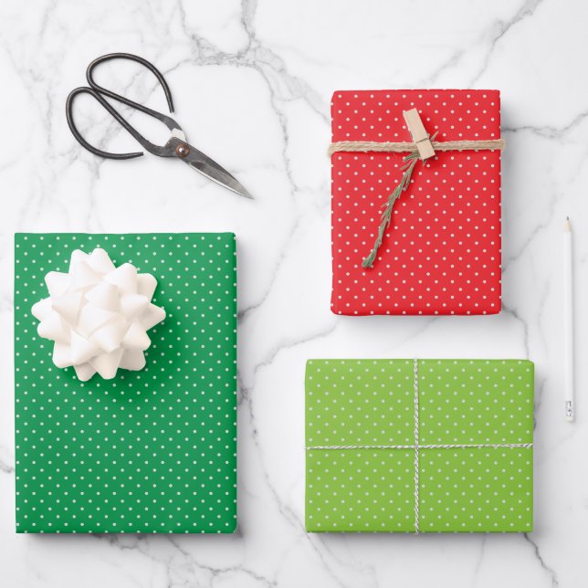 Feuille De Papier Cadeau Motifs de Noël Pois blancs verts et rouges (Recto)