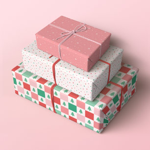 Feuille De Papier Cadeau Motifs de Noël rétro en rouge, rose et vert