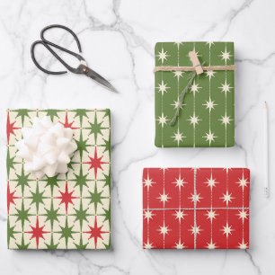 Feuille De Papier Cadeau Motifs de Noël Rétro Moderne du Milieu du Siècle