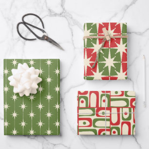 Feuille De Papier Cadeau Motifs de Noël Rétro Moderne du Milieu du Siècle