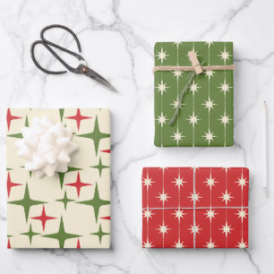 Feuille De Papier Cadeau Motifs de Noël Rétro Moderne du Milieu du Siècle