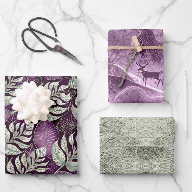 Feuille De Papier Cadeau Motifs de Noël vert violet #13#29#33 ID1009 (Recto)