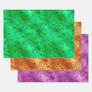 Feuille De Papier Cadeau Motifs de toile d'araignée verts, orange et violet