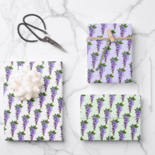 Feuille De Papier Cadeau Motifs de Wisteria violet vert blanc Arrière - pl