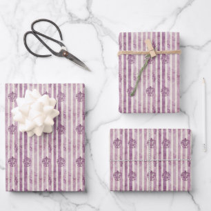 Feuille De Papier Cadeau Motifs Distressés sur Rayures Violettes & Ivoire