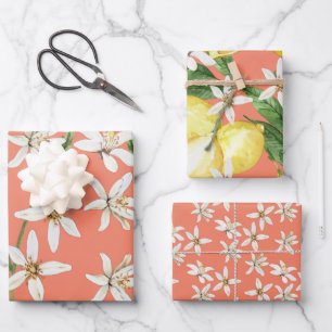 Feuille De Papier Cadeau motifs en fleurs de citrons d'été sur oranger