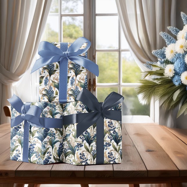 Feuille De Papier Cadeau Motifs floraux de muguet et d'aubépine (Elegant Maximalist Lily of the Valley and Hawthorne Floral Wrapping Paper Sheets Trio)