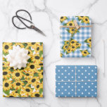 Feuille De Papier Cadeau Motifs floraux de tournesol à pois en vichy bleu<br><div class="desc">Feuilles de papier d'emballage tournesol avec des motifs mixtes assortis : l'un avec beaucoup de tournesols jaunes, l'autre avec des pois bleus et blancs, et l'autre avec du vichy bleu avec des grappes de tournesols. Pour les baby showers BBQ, les fêtes de fiançailles BBQ, les baby showers de mariage BBQ,...</div>