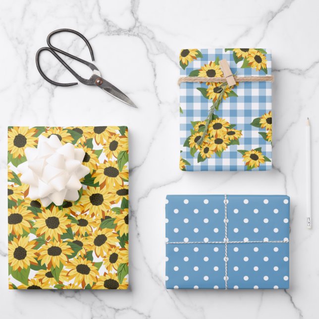 Feuille De Papier Cadeau Motifs floraux de tournesol à pois en vichy bleu (Recto)